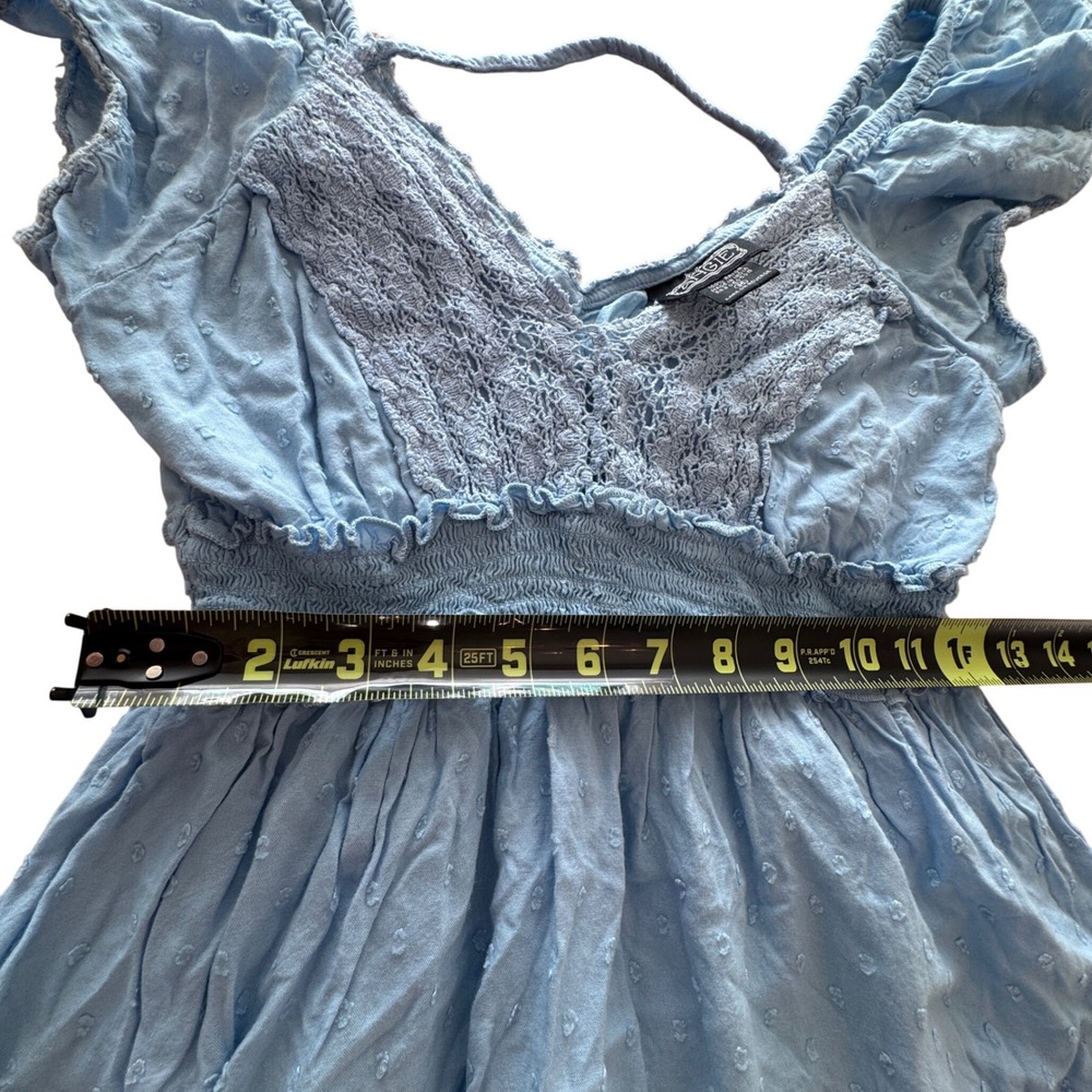 Y2K Angie Mini Dress Womens M Blue Swiss Dot Smocked Waist Lace Trim Boho Whimsy - Picture 5 of 9